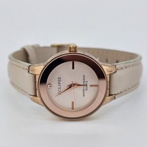 Eclipse Women's Watch 30MM‎ Gold Dial Cream Leather Bands Straps New Battery